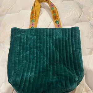 Embroidered Velvet Tote Bag - Green and Yellow